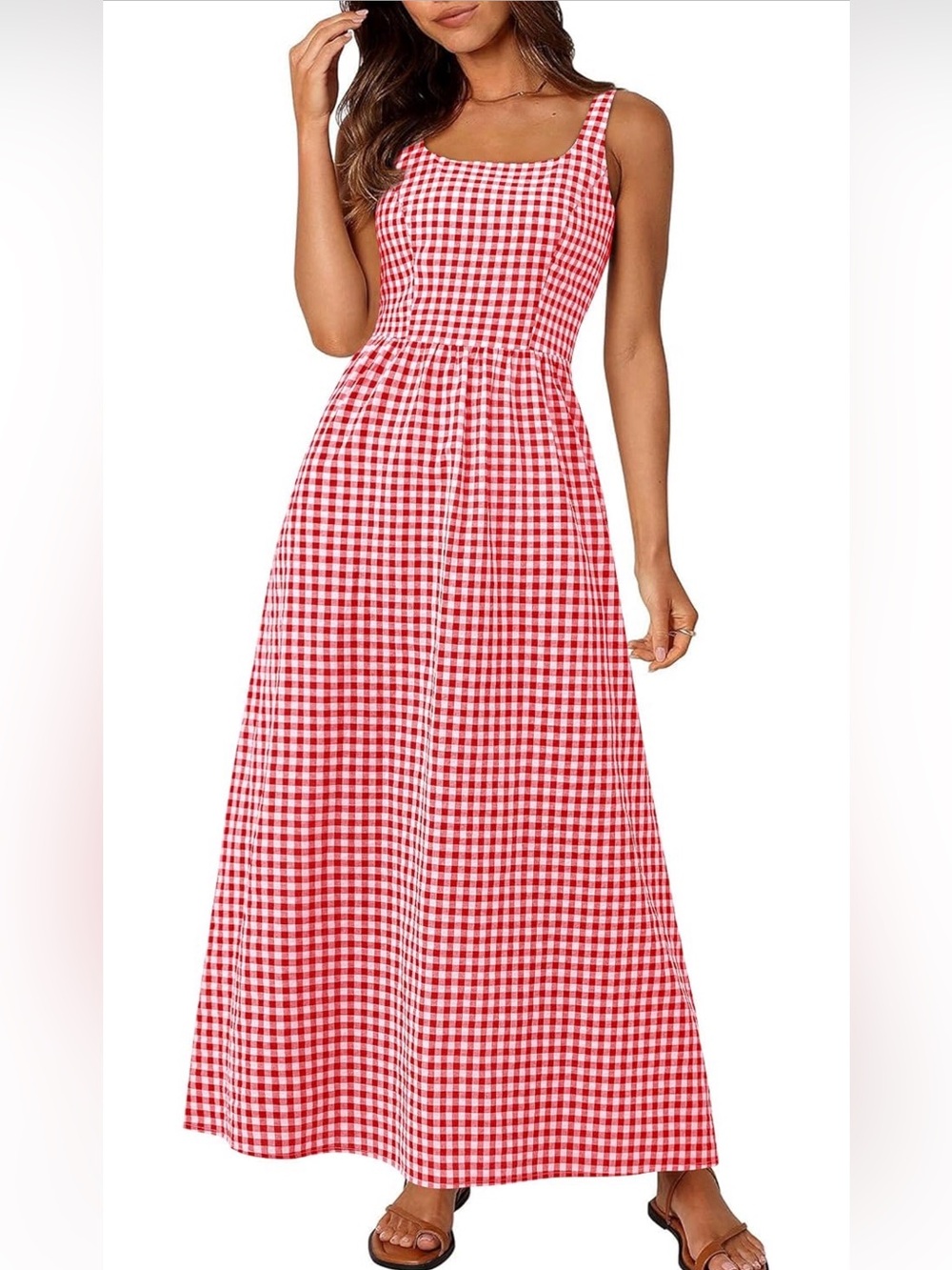 Red Gingham Sleeveless Maxi Dress - Pretty Garden